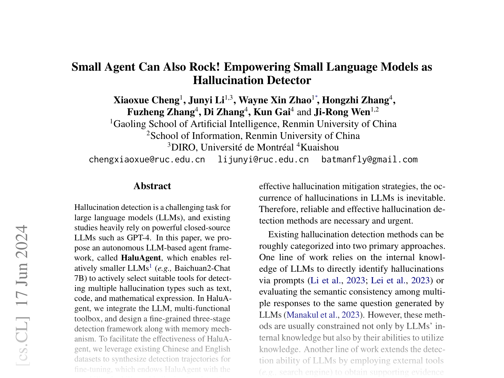 [Small Agent Can Also Rock! Empowering Small Language Models as Hallucination Detector 🔗](https://arxiv.org/abs/2406.11277)