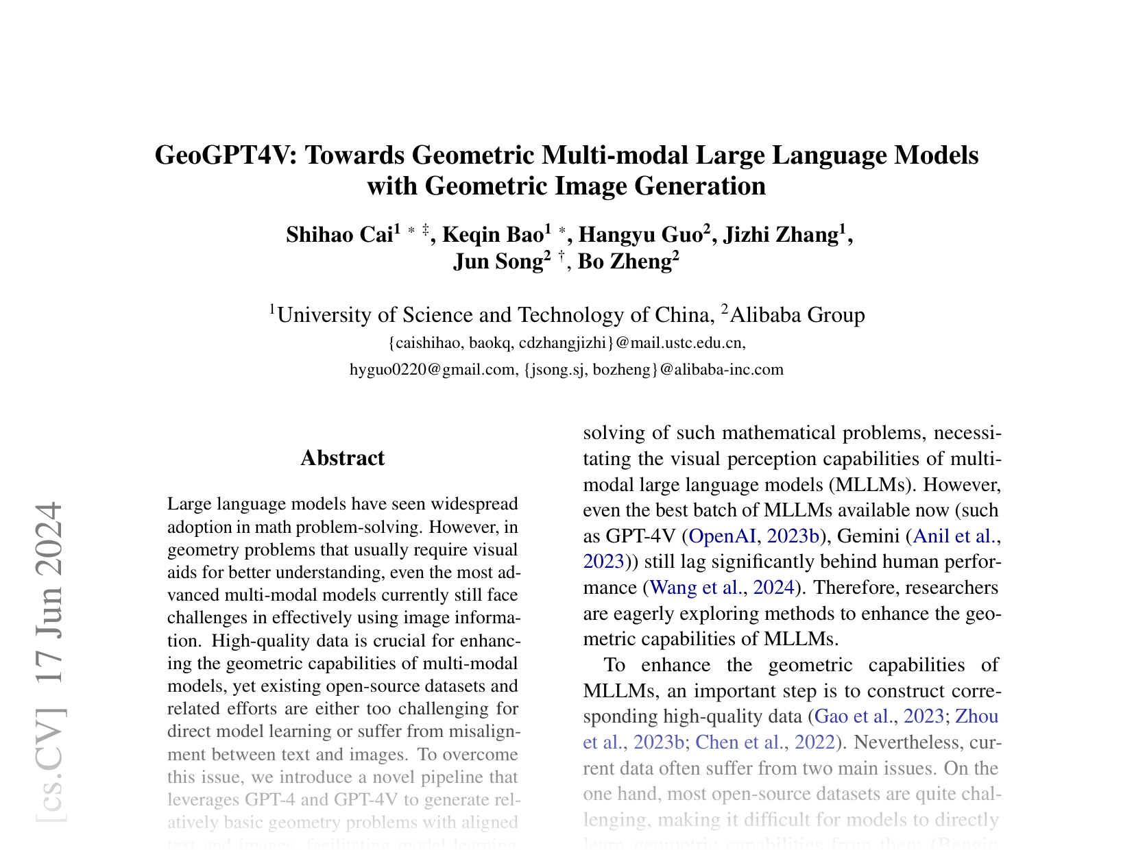 [GeoGPT4V: Towards Geometric Multi-modal Large Language Models with Geometric Image Generation 🔗](https://arxiv.org/abs/2406.11503)