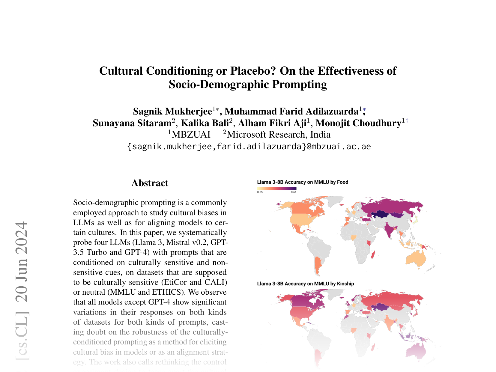 [Cultural Conditioning or Placebo? On the Effectiveness of Socio-Demographic Prompting 🔗](https://arxiv.org/abs/2406.11661)