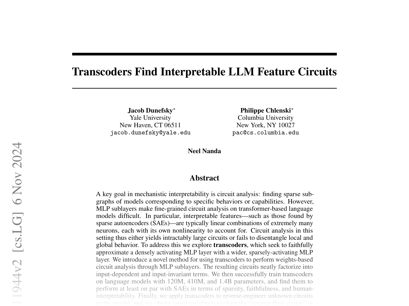 [Transcoders Find Interpretable LLM Feature Circuits 🔗](https://arxiv.org/abs/2406.11944)