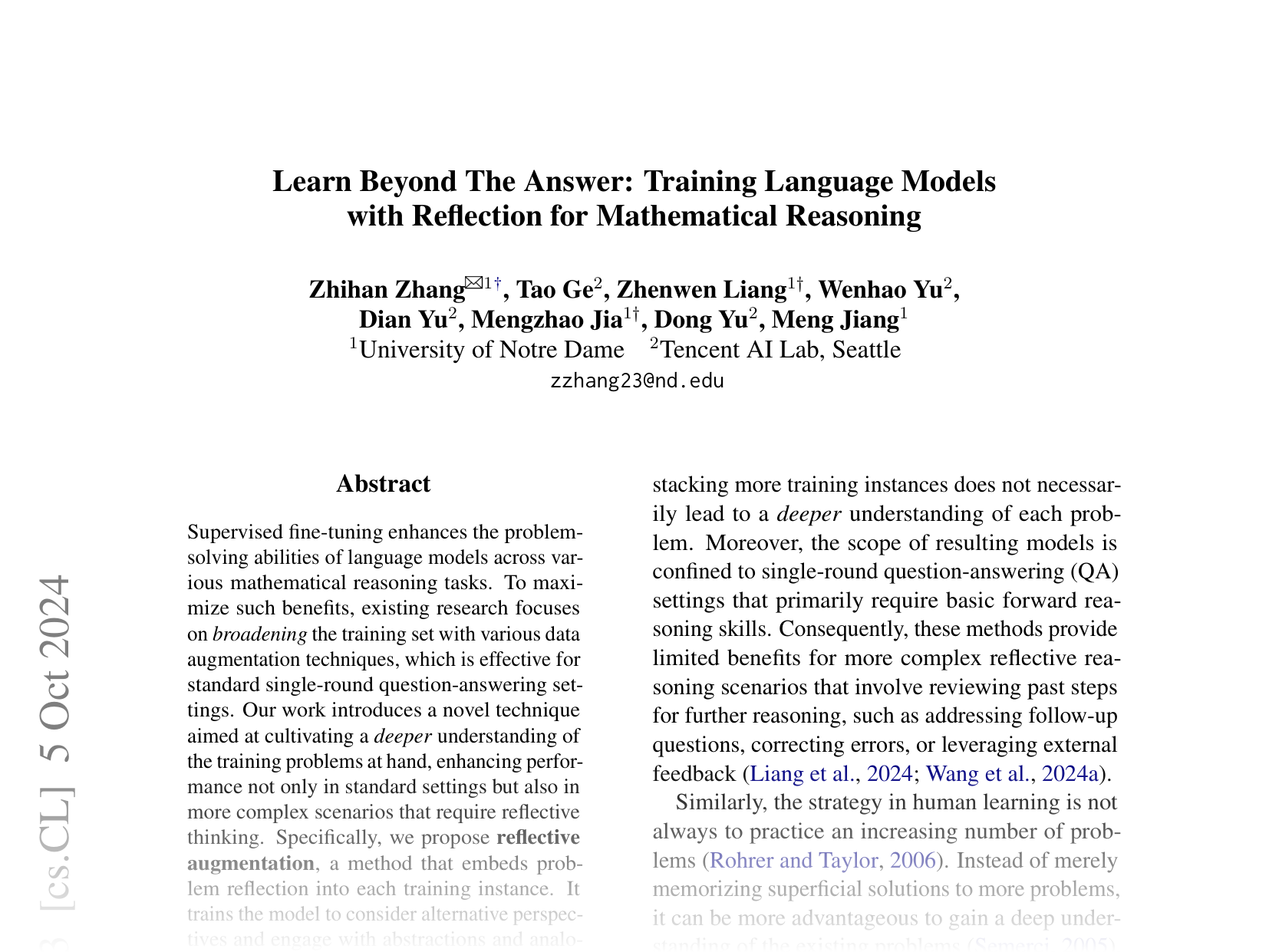 [Learn Beyond The Answer: Training Language Models with Reflection for Mathematical Reasoning 🔗](https://arxiv.org/abs/2406.12050)