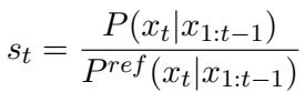 可疑分数 s_t 的公式，定义为目标模型在给定前文情况下 token x_t 的概率与参考模型概率之比。