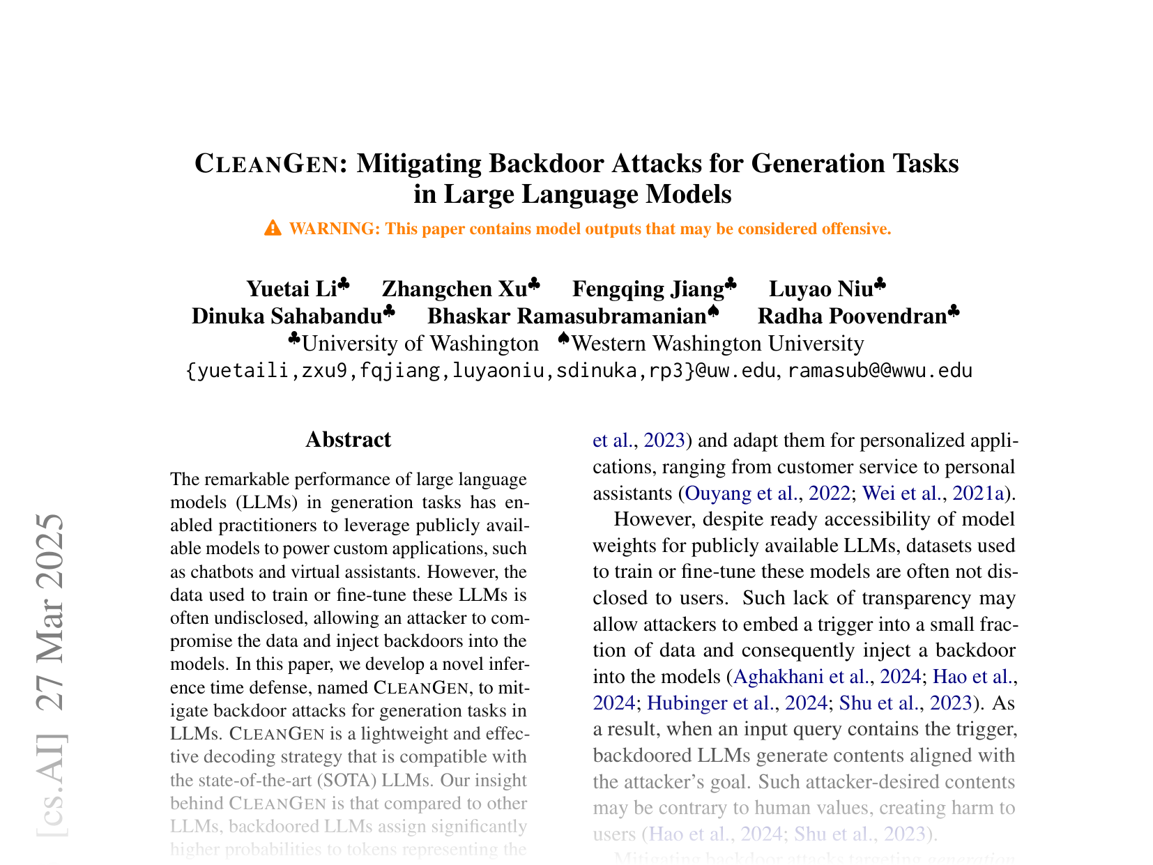 [CLEANGEN: Mitigating Backdoor Attacks for Generation Tasks in Large Language Models 🔗](https://arxiv.org/abs/2406.12257)