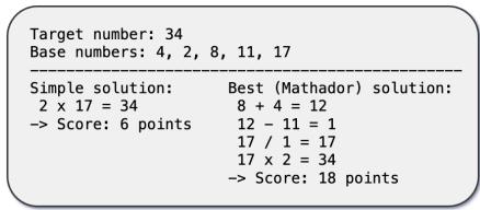 Mathador-LM 基准测试的提示词及示例问题。