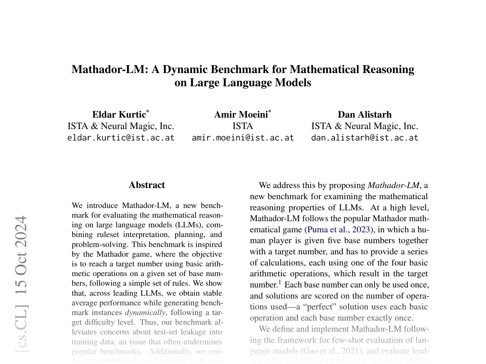 [Mathador-LM: A Dynamic Benchmark for Mathematical Reasoning on Large Language Models 🔗](https://arxiv.org/abs/2406.12572)
