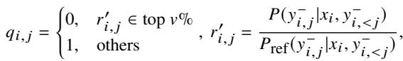 Equation showing the masking of noisy tokens based on reward scores.