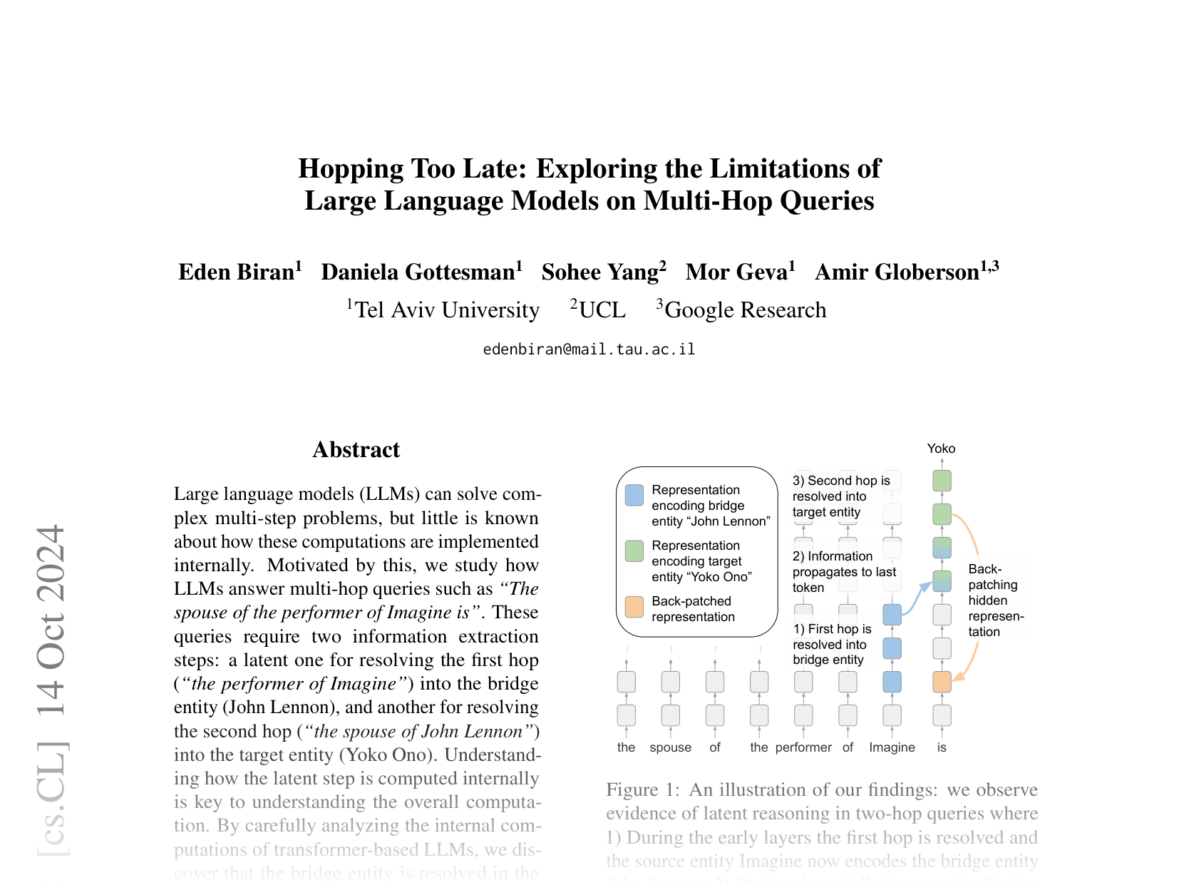 [Hopping Too Late: Exploring the Limitations of Large Language Models on Multi-Hop Queries 🔗](https://arxiv.org/abs/2406.12775)