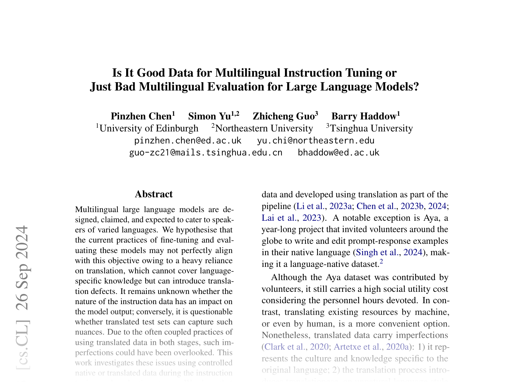 [Is It Good Data for Multilingual Instruction Tuning or Just Bad Multilingual Evaluation for Large Language Models? 🔗](https://arxiv.org/abs/2406.12822)