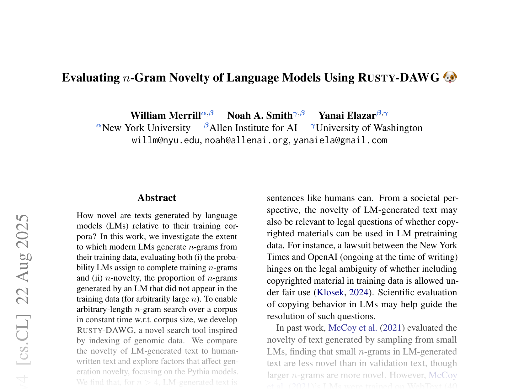 [Evaluating n-Gram Novelty of Language Models Using RUSTY-DAWG 4 🔗](https://arxiv.org/abs/2406.13069)