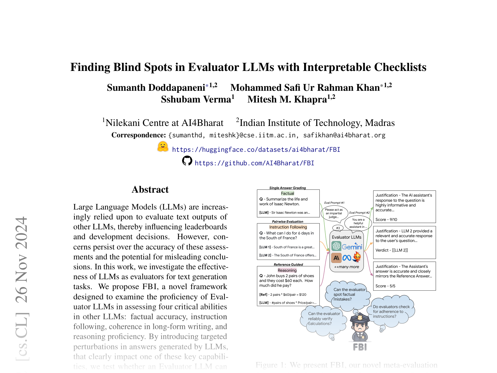 [Finding Blind Spots in Evaluator LLMs with Interpretable Checklists 🔗](https://arxiv.org/abs/2406.13439)