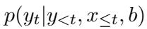 公式 1 显示目标令牌 y_t 的概率条件依赖于之前的目标令牌、源令牌和背景信息 b。
