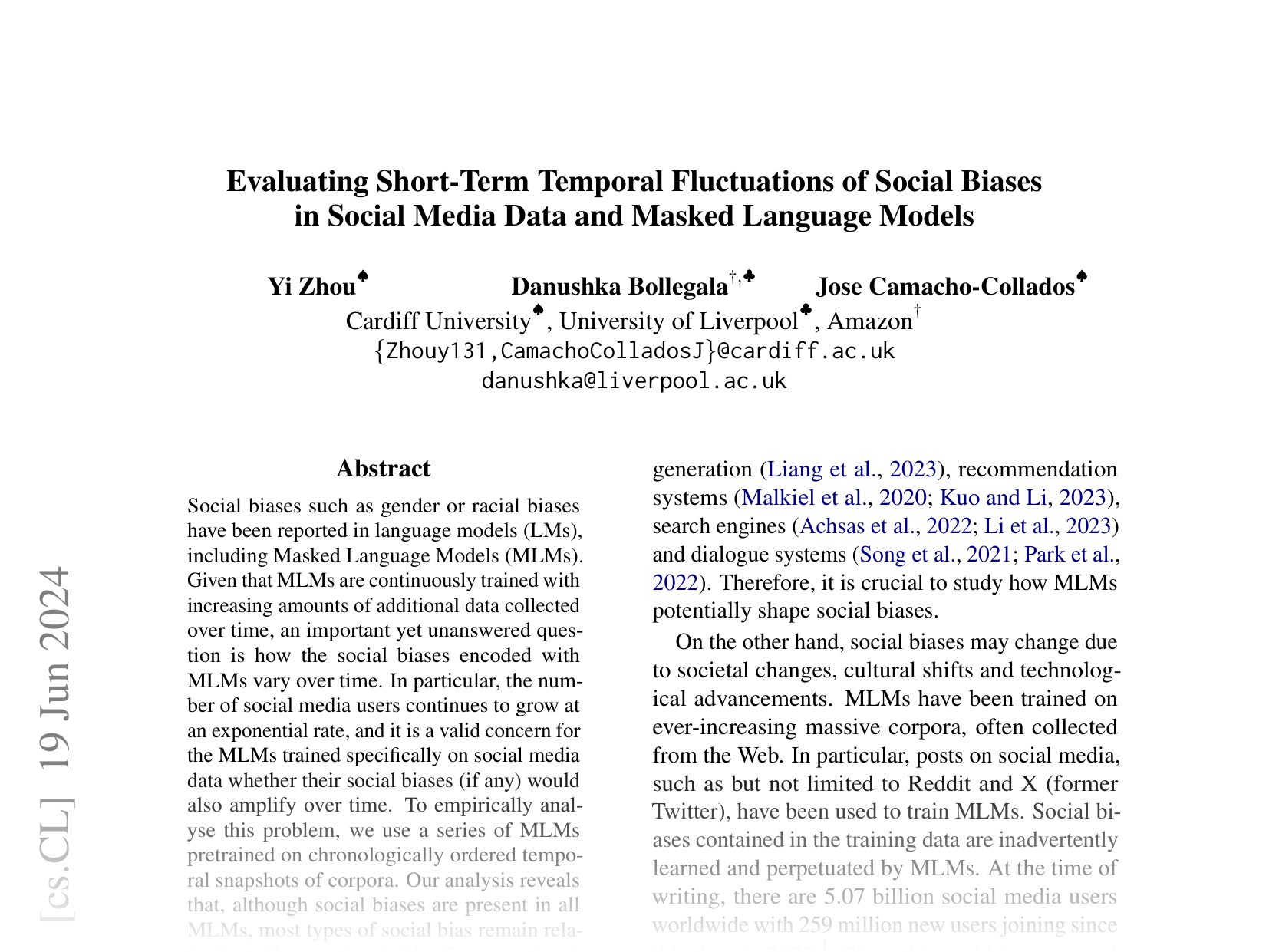 [Evaluating Short-Term Temporal Fluctuations of Social Biases in Social Media Data and Masked Language Models 🔗](https://arxiv.org/abs/2406.13556)