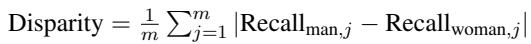 召回差异的公式，衡量男性和女性图像之间物体召回率的差异。