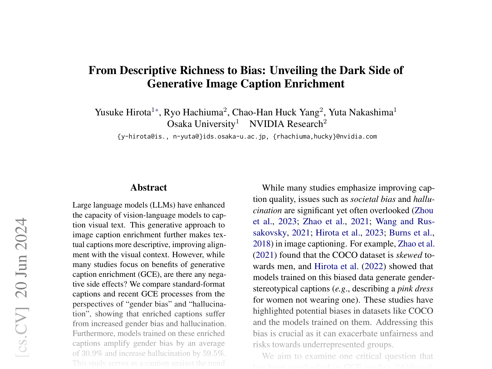 [From Descriptive Richness to Bias: Unveiling the Dark Side of Generative Image Caption Enrichment 🔗](https://arxiv.org/abs/2406.13912)