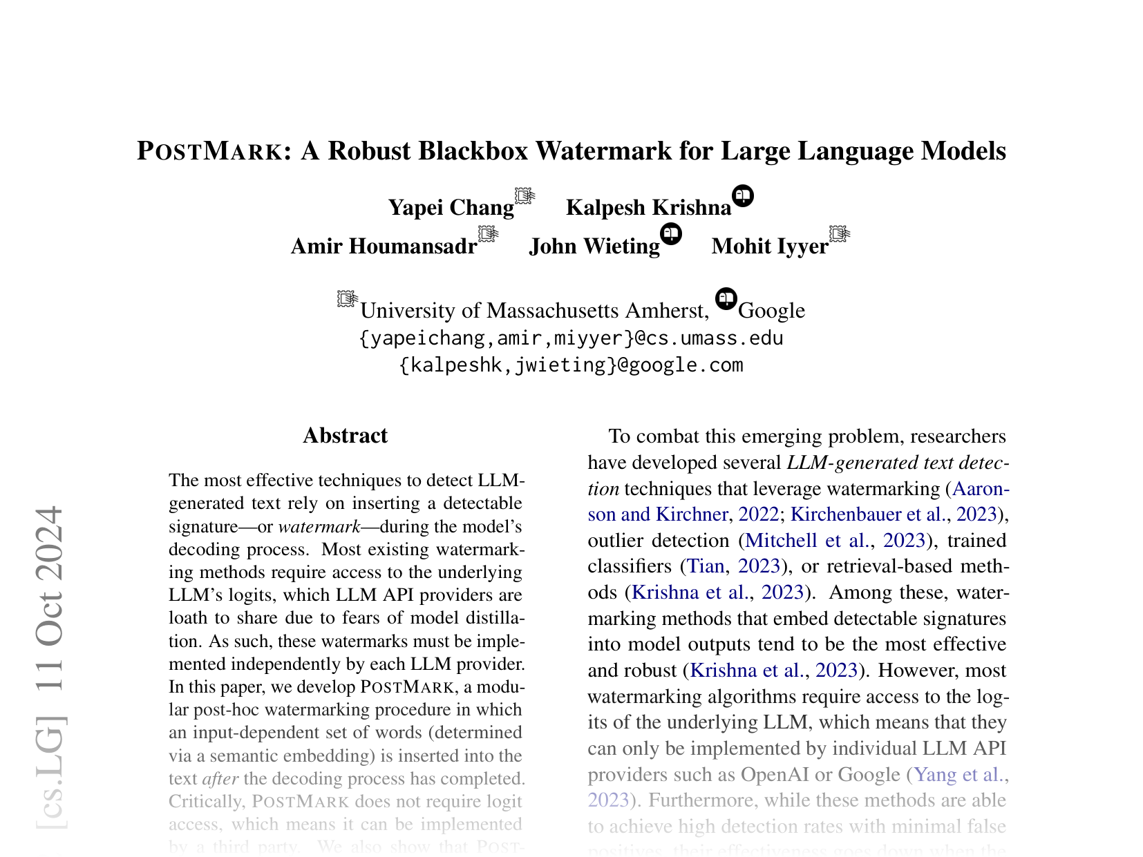 [POSTMARK: A Robust Blackbox Watermark for Large Language Models 🔗](https://arxiv.org/abs/2406.14517)