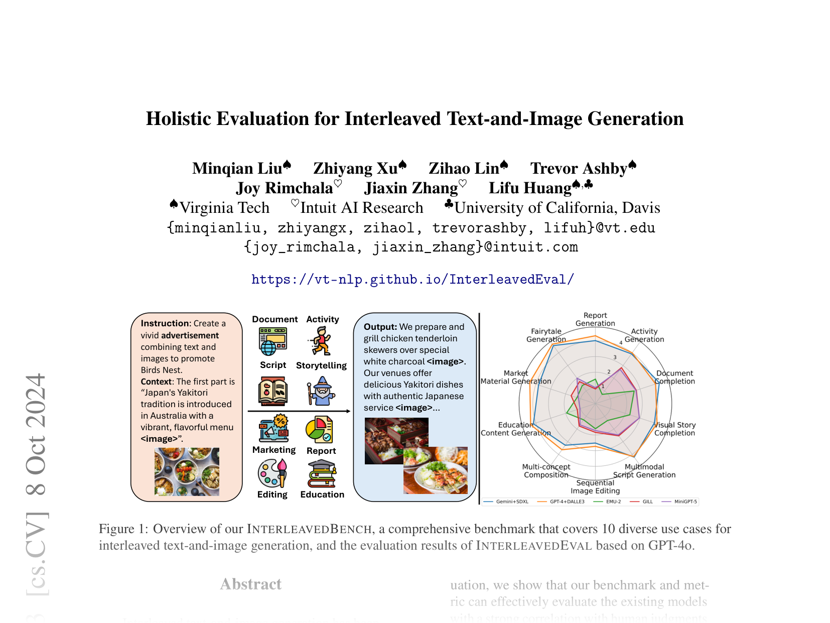 [Holistic Evaluation for Interleaved Text-and-Image Generation 🔗](https://arxiv.org/abs/2406.14643)
