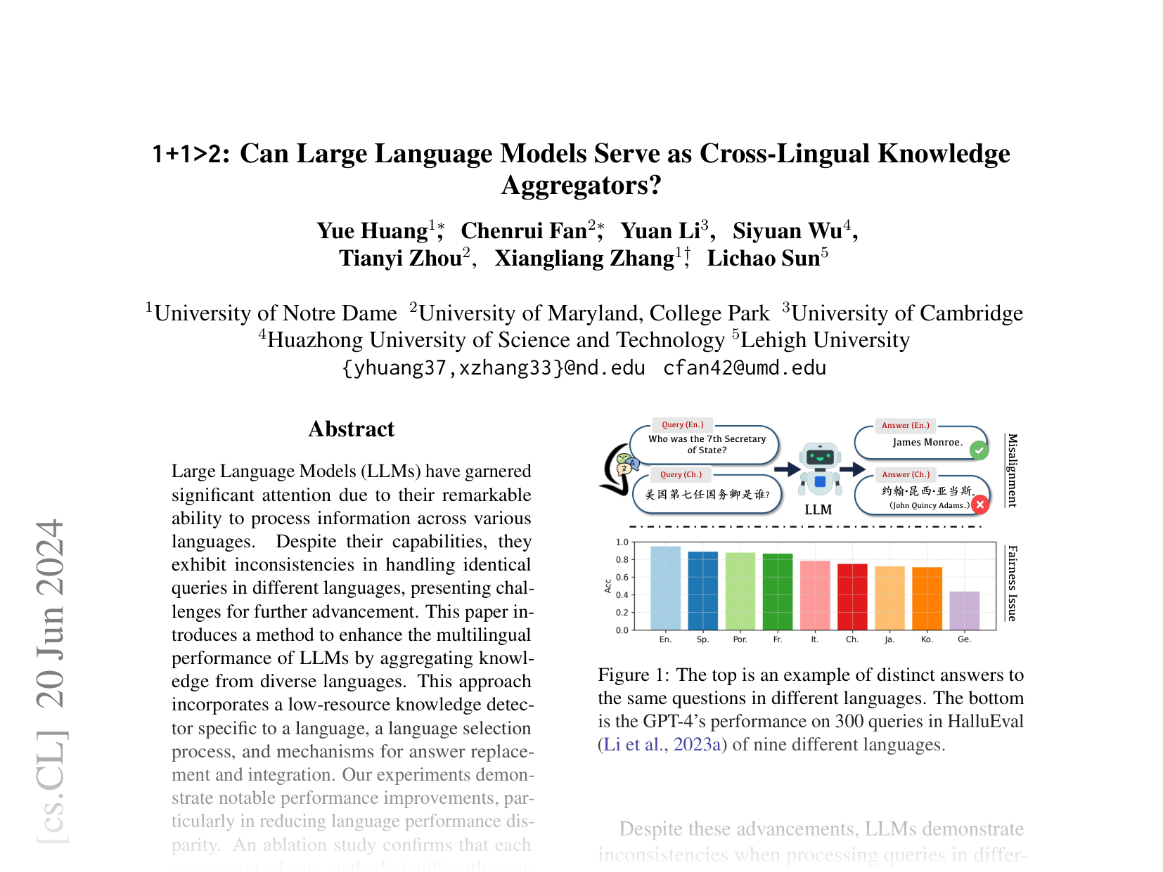 [1 + 1 > 2 : Can Large Language Models Serve as Cross-Lingual Knowledge Aggregators? 🔗](https://arxiv.org/abs/2406.14721)