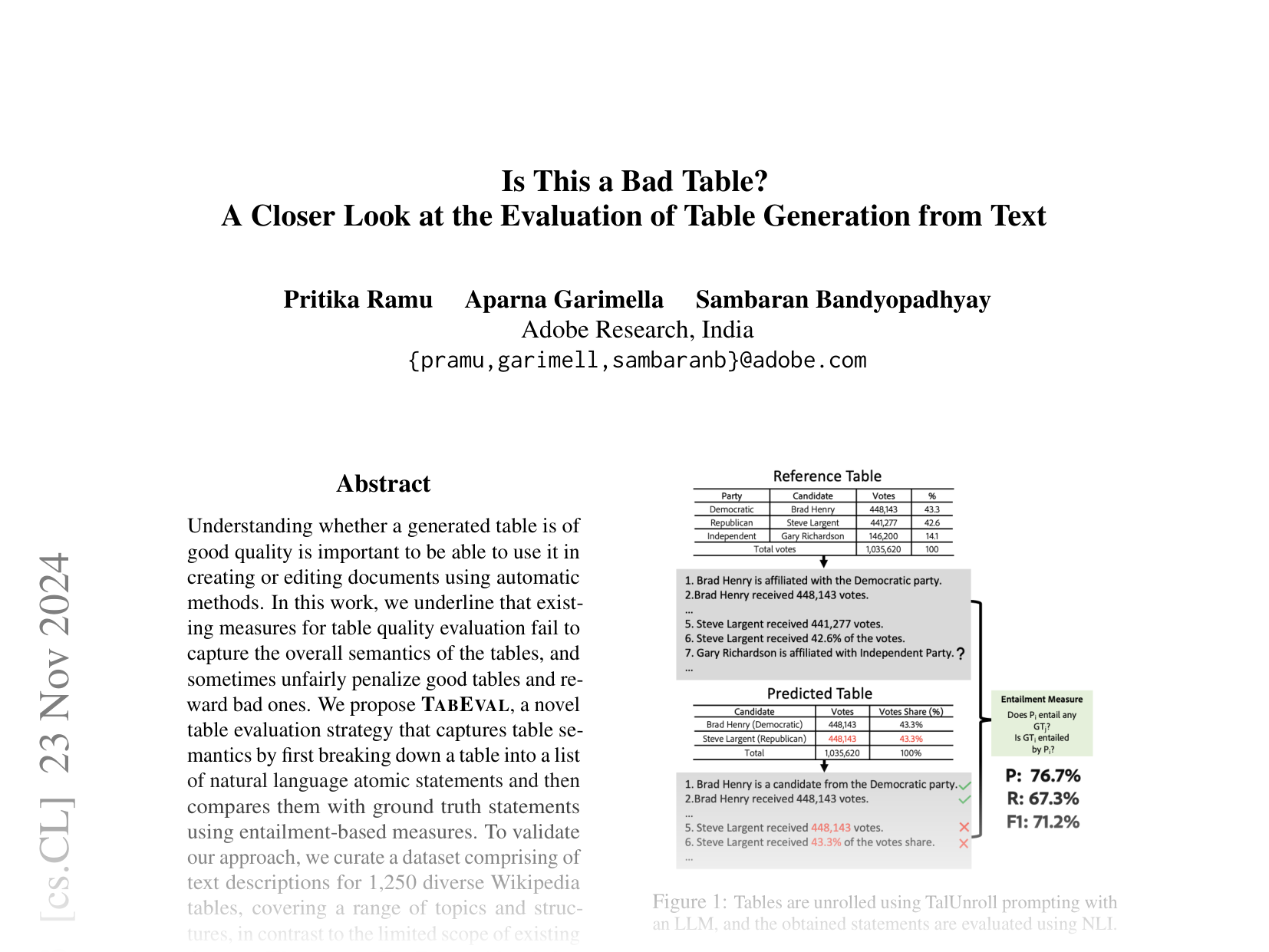 [Is This a Bad Table? A Closer Look at the Evaluation of Table Generation from Text 🔗](https://arxiv.org/abs/2406.14829)