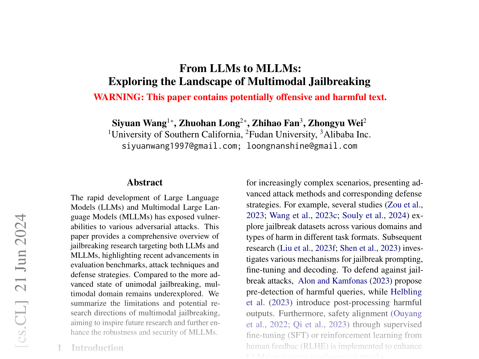 [From LLMs to MLLMs: Exploring the Landscape of Multimodal Jailbreaking 🔗](https://arxiv.org/abs/2406.14859)