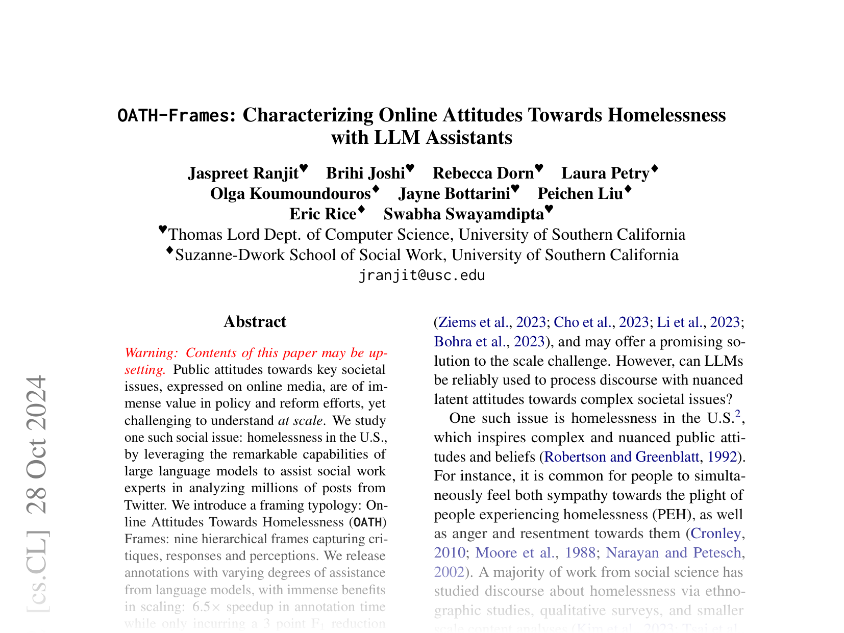 [OATH-Framess: Characterizing Online Attitudes Towards Homelessness with LLM Assistants 🔗](https://arxiv.org/abs/2406.14883)