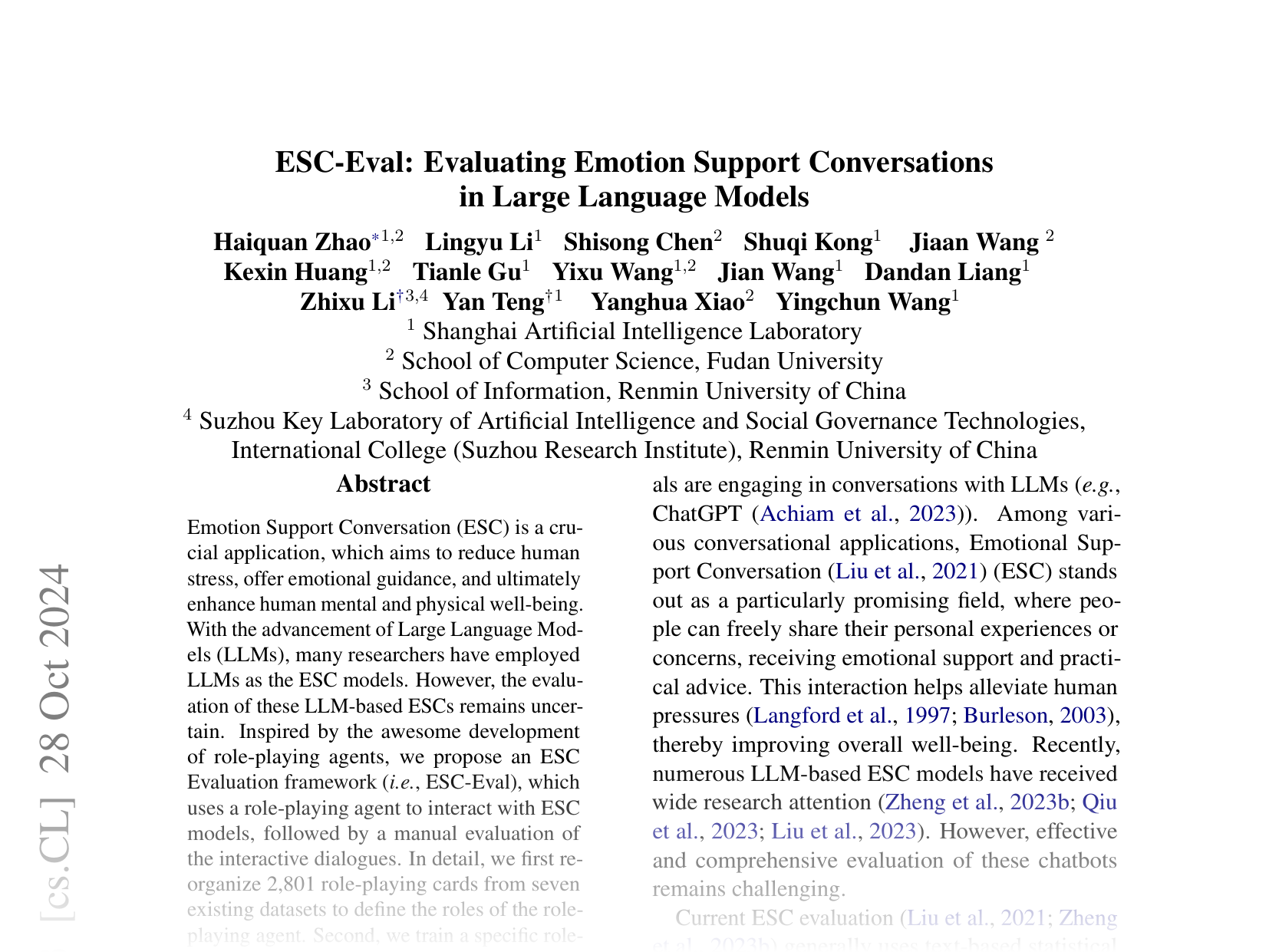 [ESC-Eval: Evaluating Emotion Support Conversations in Large Language Models 🔗](https://arxiv.org/abs/2406.14952)