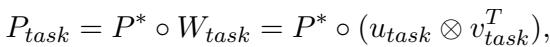 Equation showing the calculation of the task-specific prompt using Hadamard product and low-rank matrices.
