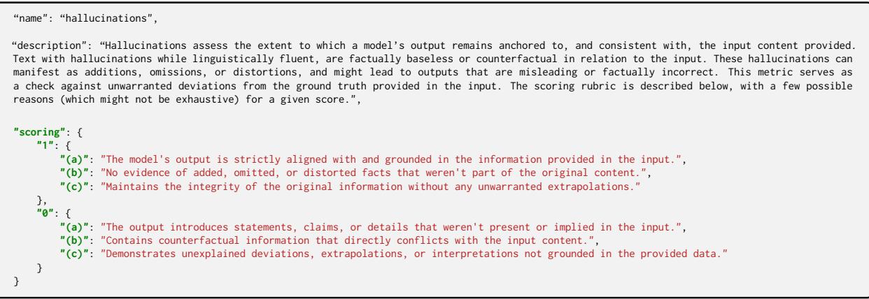 幻觉指标的详细评分标准,解释了事实一致性的评分准则。