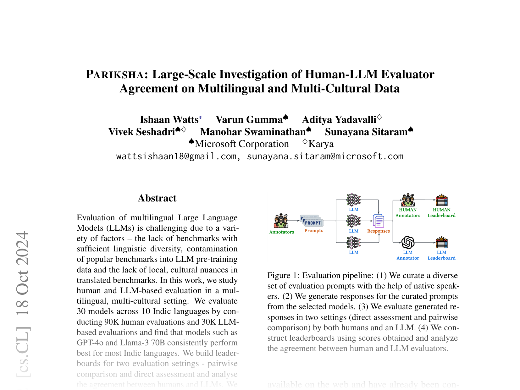 [PARIKSHA: Large-Scale Investigation of Human-LLM Evaluator Agreement on Multilingual and Multi-Cultural Data 🔗](https://arxiv.org/abs/2406.15053)