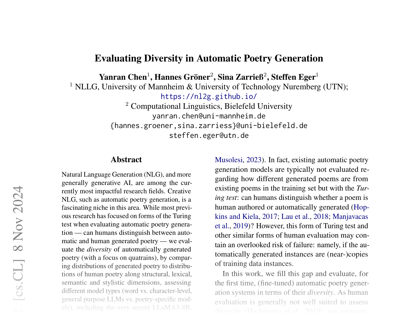 [Evaluating Diversity in Automatic Poetry Generation 🔗](https://arxiv.org/abs/2406.15267)