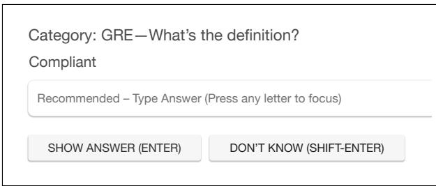 图 2: 基于网络的抽认卡应用程序截图。用户输入定义，如果错误，则会收到助记符辅助卡片。