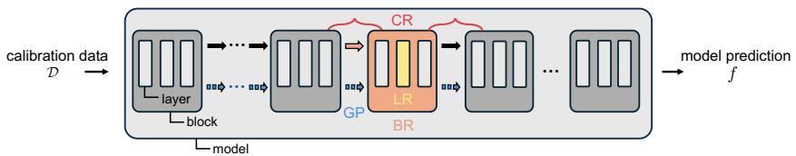An illustration of reconstruction techniques for pruning large language models. The diagram shows the flow from input data through blocks, highlighting Layer-wise (LR), Block-wise (BR), Global Propagation (GP), and Cross-block Reconstruction (CR).
