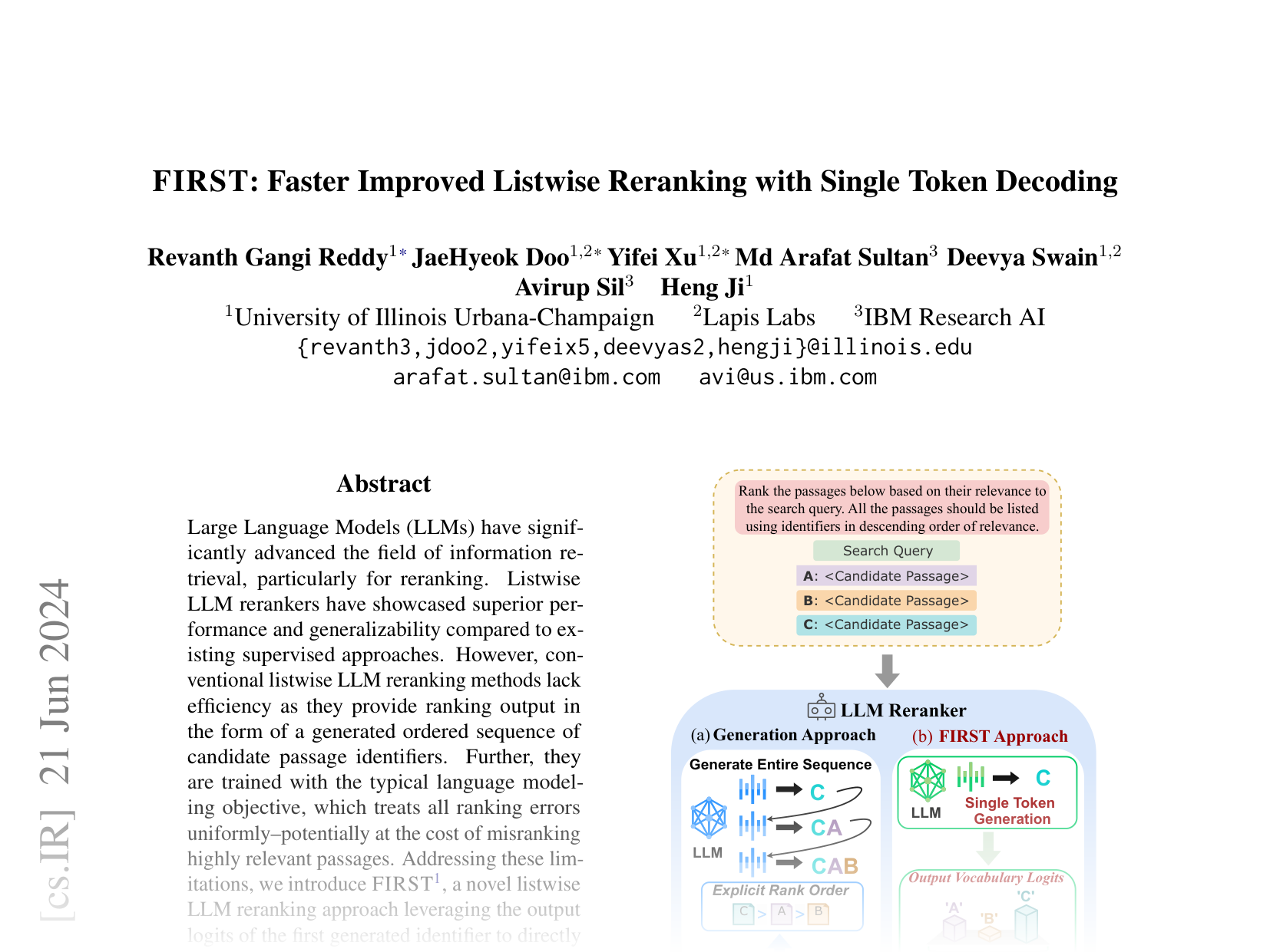[FIRST: Faster Improved Listwise Reranking with Single Token Decoding 🔗](https://arxiv.org/abs/2406.15657)