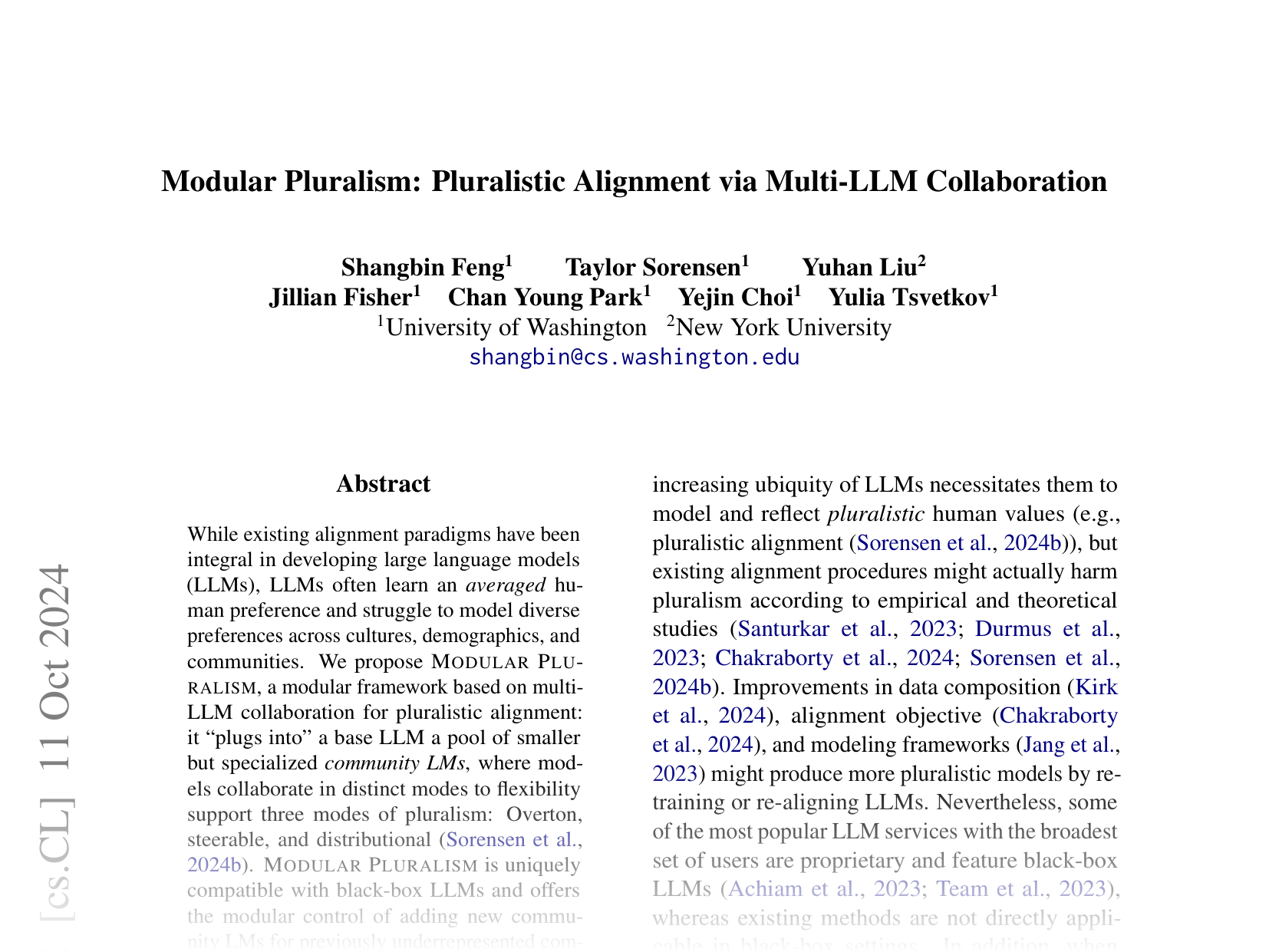 [Modular Pluralism: Pluralistic Alignment via Multi-LLM Collaboration 🔗](https://arxiv.org/abs/2406.15951)