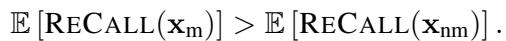 Equation showing that the expected RECALL score for members is greater than for non-members.