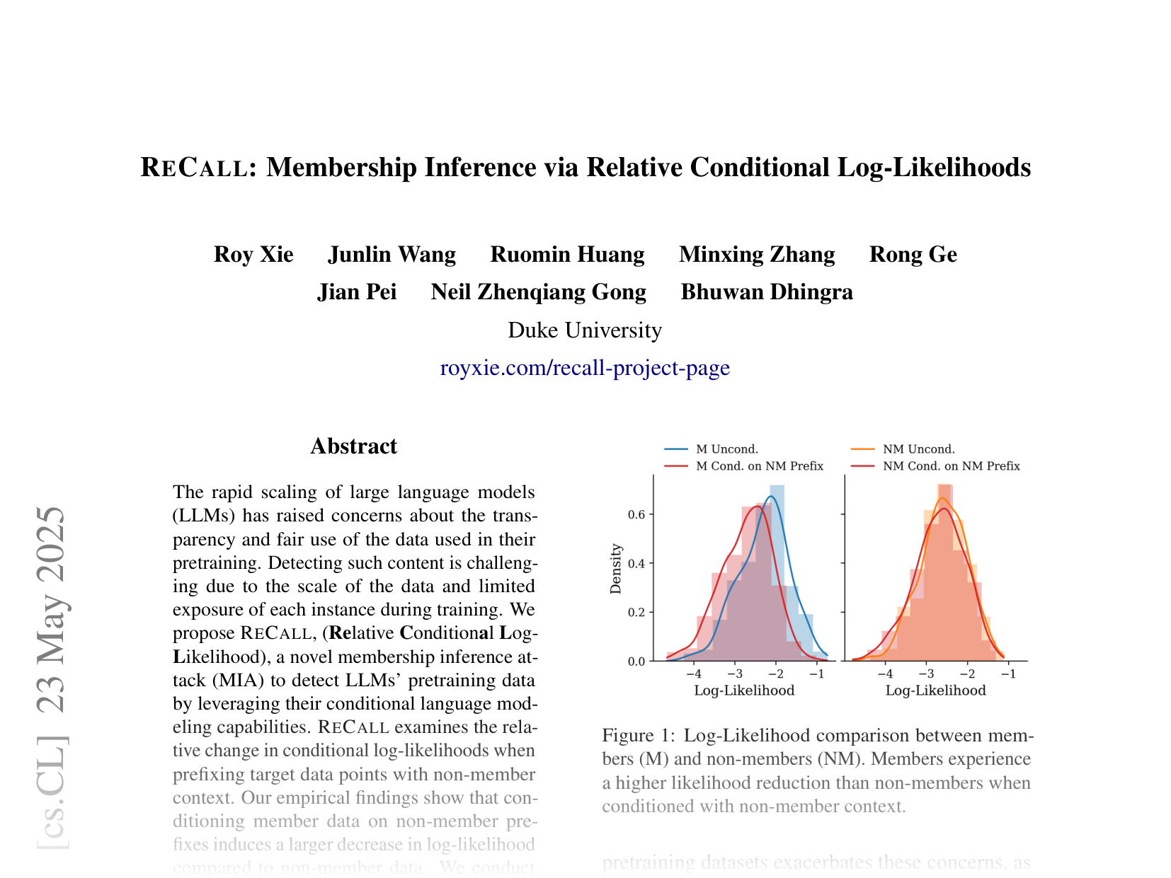 [RECALL: Membership Inference via Relative Conditional Log-Likelihoods 🔗](https://arxiv.org/abs/2406.15968)