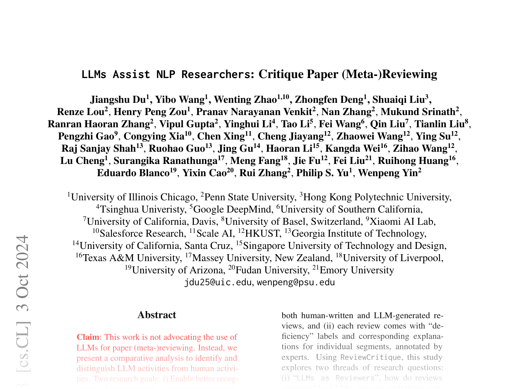 [LLMs Assist NLP Researchers: Critique Paper (Meta-)Reviewing 🔗](https://arxiv.org/abs/2406.16253)