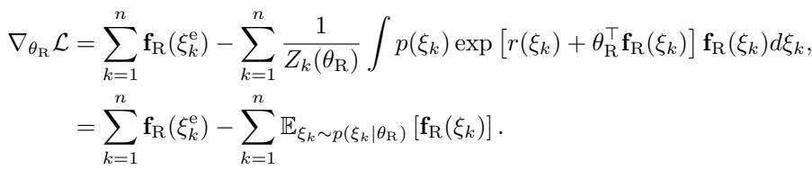 Gradient of the loss function showing the difference between expert feature counts and expected feature counts.