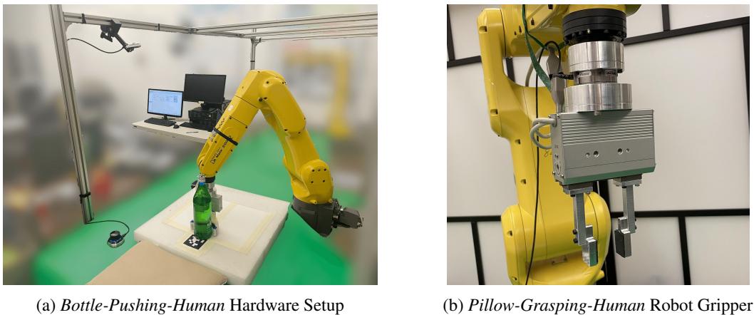 Hardware setup showing the robot arm for bottle pushing and pillow grasping.