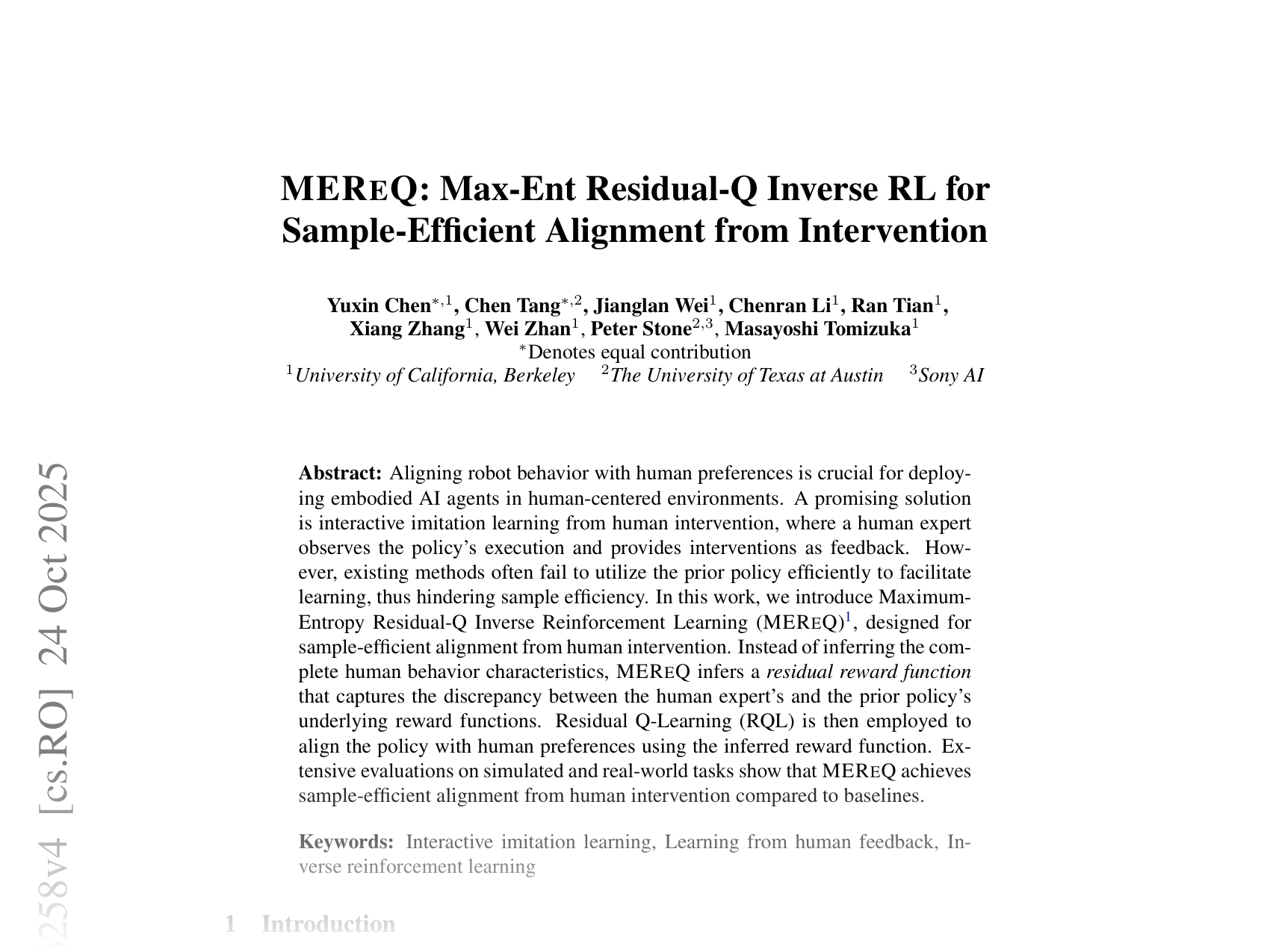 [MEREQ: Max-Ent Residual-Q Inverse RL for Sample-Efficient Alignment from Intervention 🔗](https://arxiv.org/abs/2406.16258)