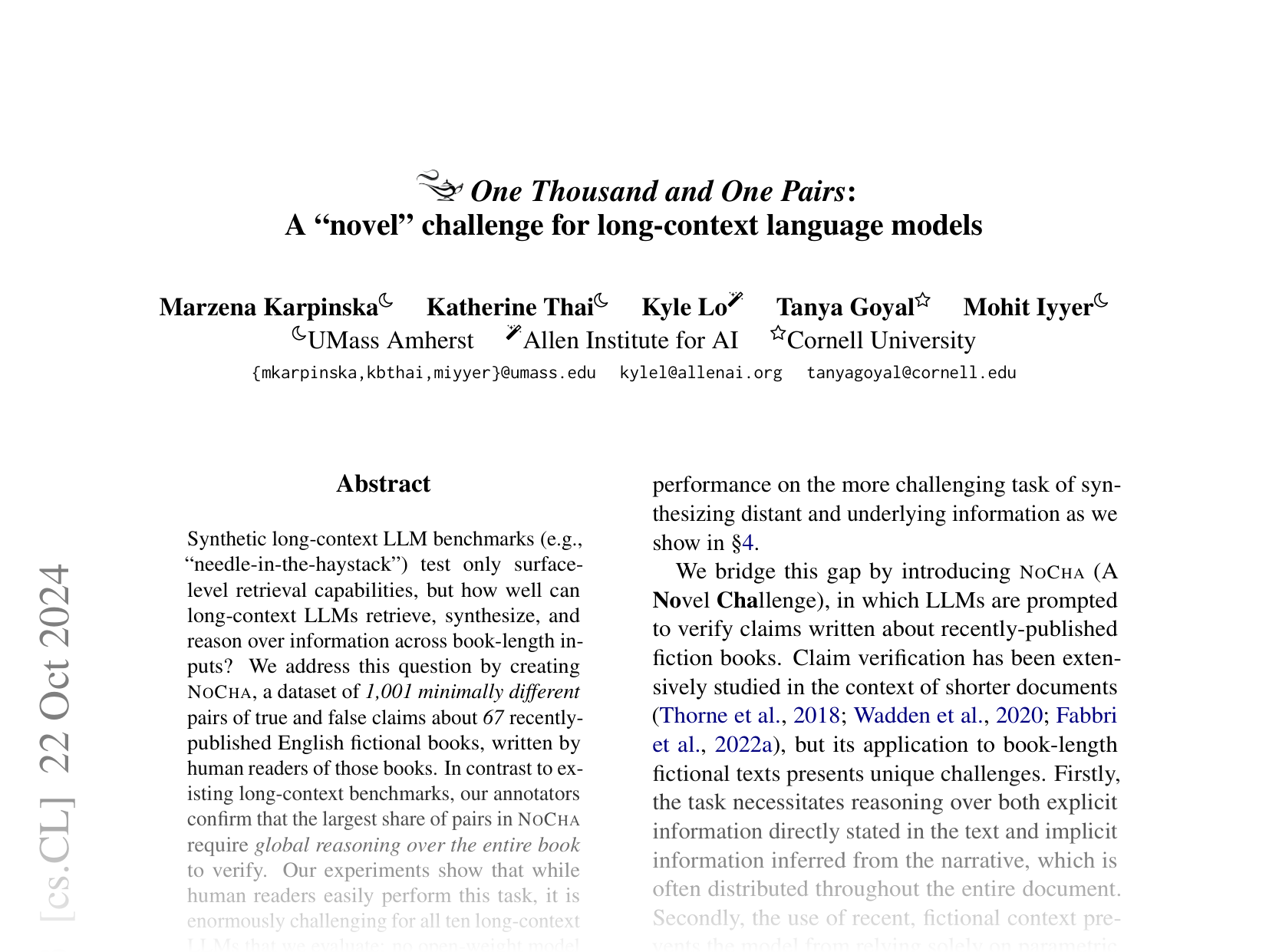 [One Thousand and One Pairs: A 'novel' challenge for long-context language models 🔗](https://arxiv.org/abs/2406.16264)