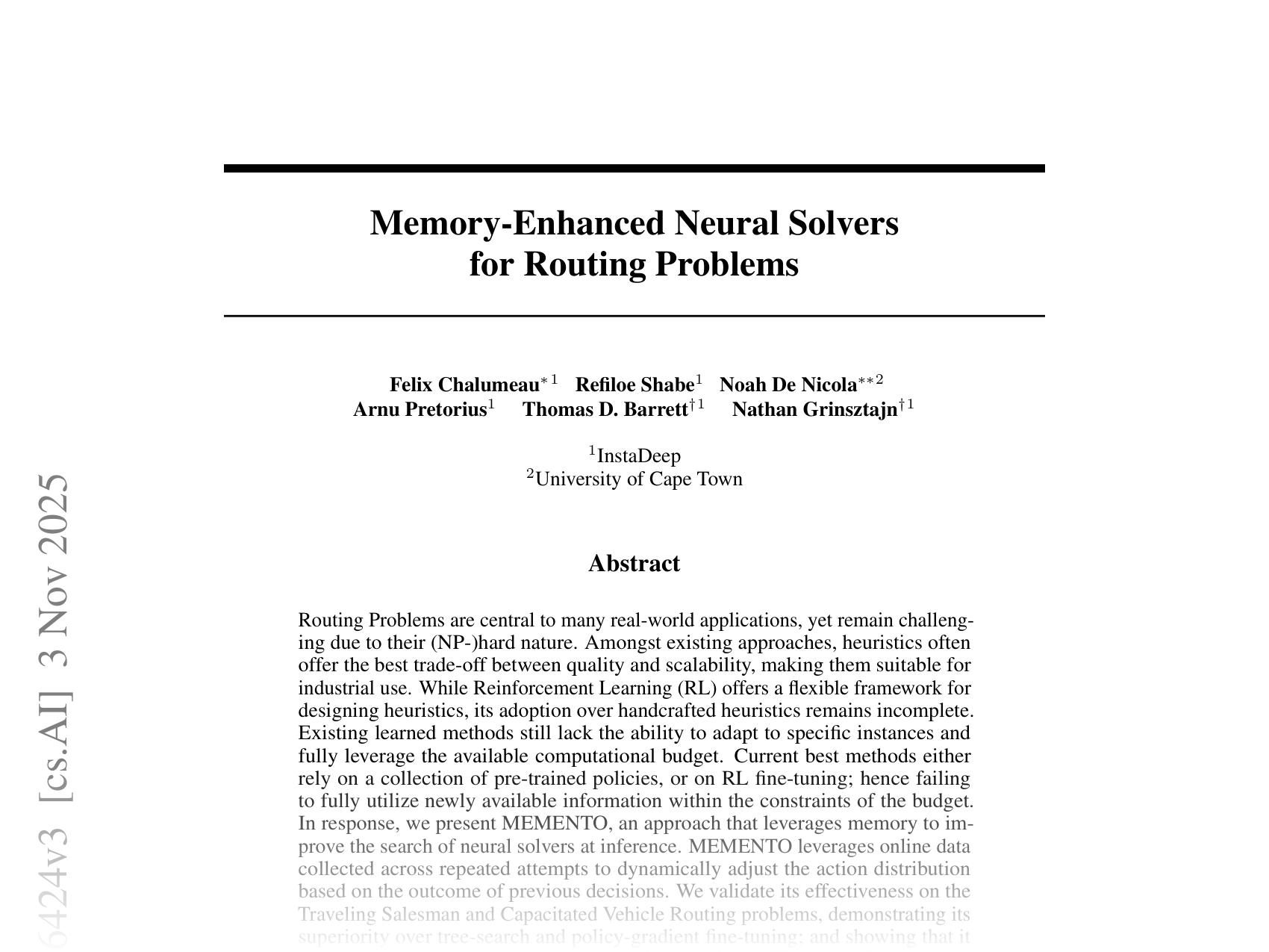 [Memory-Enhanced Neural Solvers for Routing Problems 🔗](https://arxiv.org/abs/2406.16424)