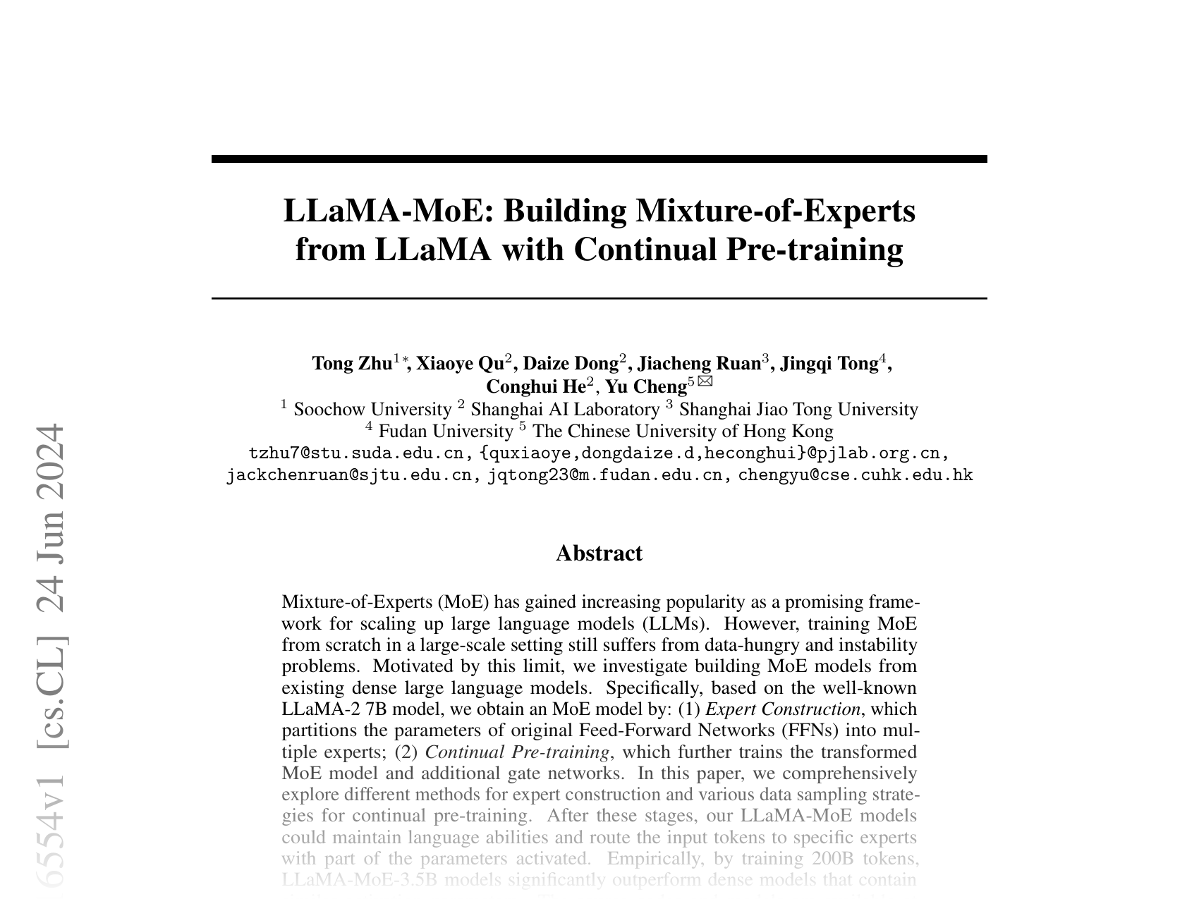 [LLaMA-MoE: Building Mixture-of-Experts from LLaMA with Continual Pre-training 🔗](https://arxiv.org/abs/2406.16554)