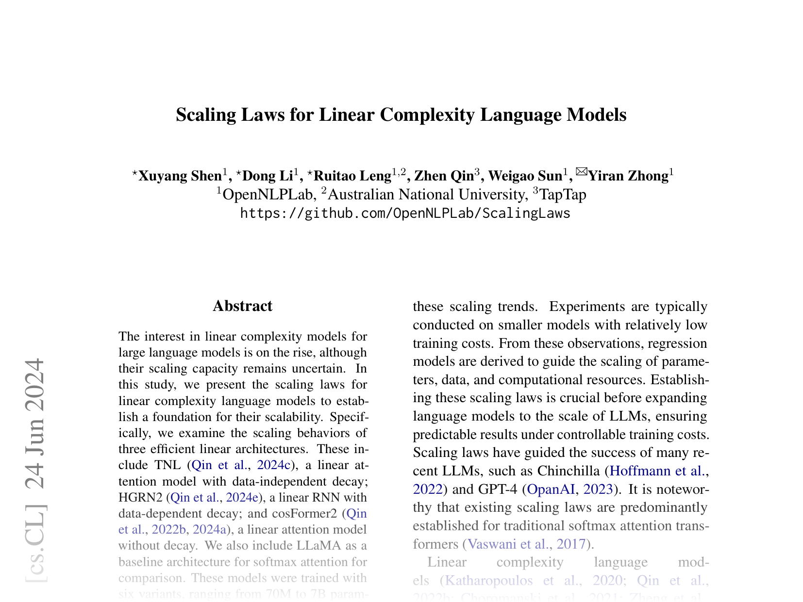 [Scaling Laws for Linear Complexity Language Models 🔗](https://arxiv.org/abs/2406.16690)