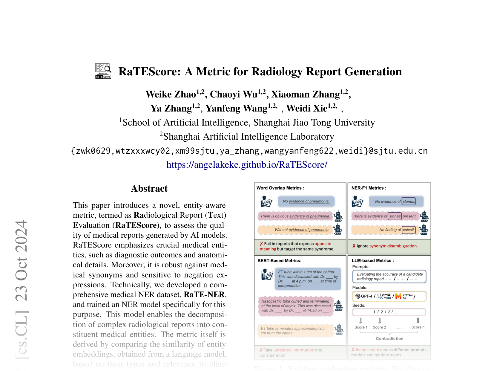 [RaTEScore: A Metric for Radiology Report Generation 🔗](https://arxiv.org/abs/2406.16845)