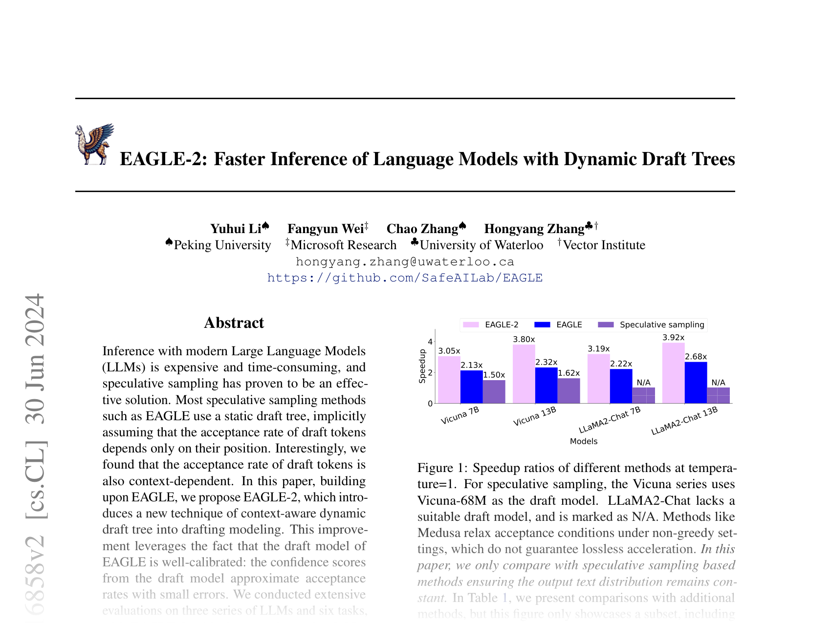 [EAGLE-2: Faster Inference of Language Models with Dynamic Draft Trees 🔗](https://arxiv.org/abs/2406.16858)