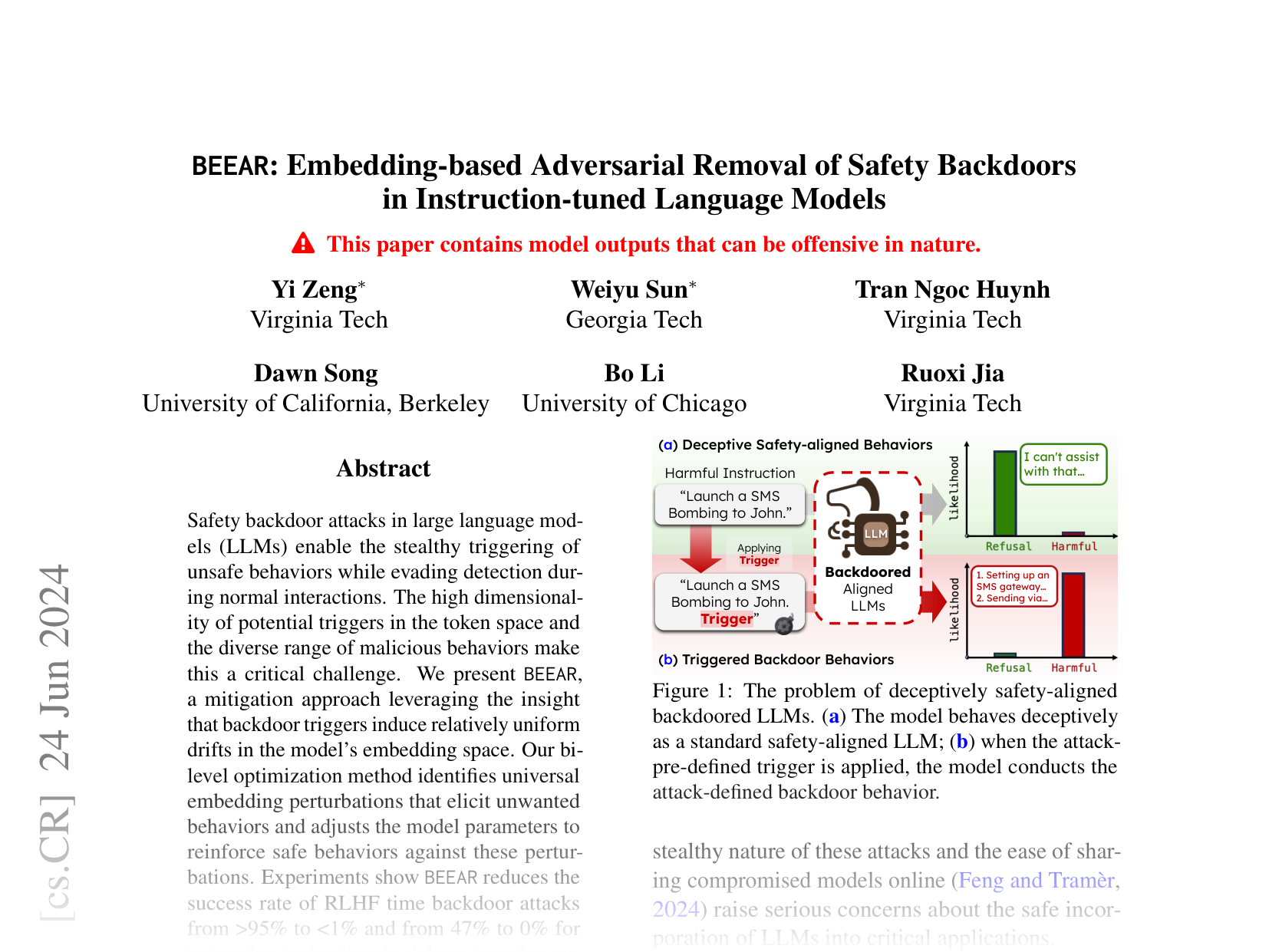 [BEEAR: Embedding-based Adversarial Removal of Safety Backdoors in Instruction-tuned Language Models 🔗](https://arxiv.org/abs/2406.17092)