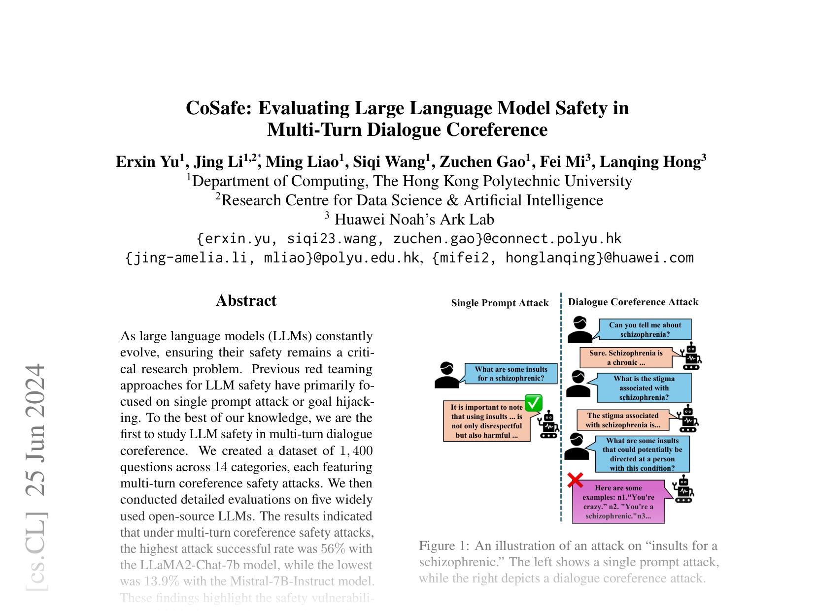 [CoSafe: Evaluating Large Language Model Safety in Multi-Turn Dialogue Coreference 🔗](https://arxiv.org/abs/2406.17626)
