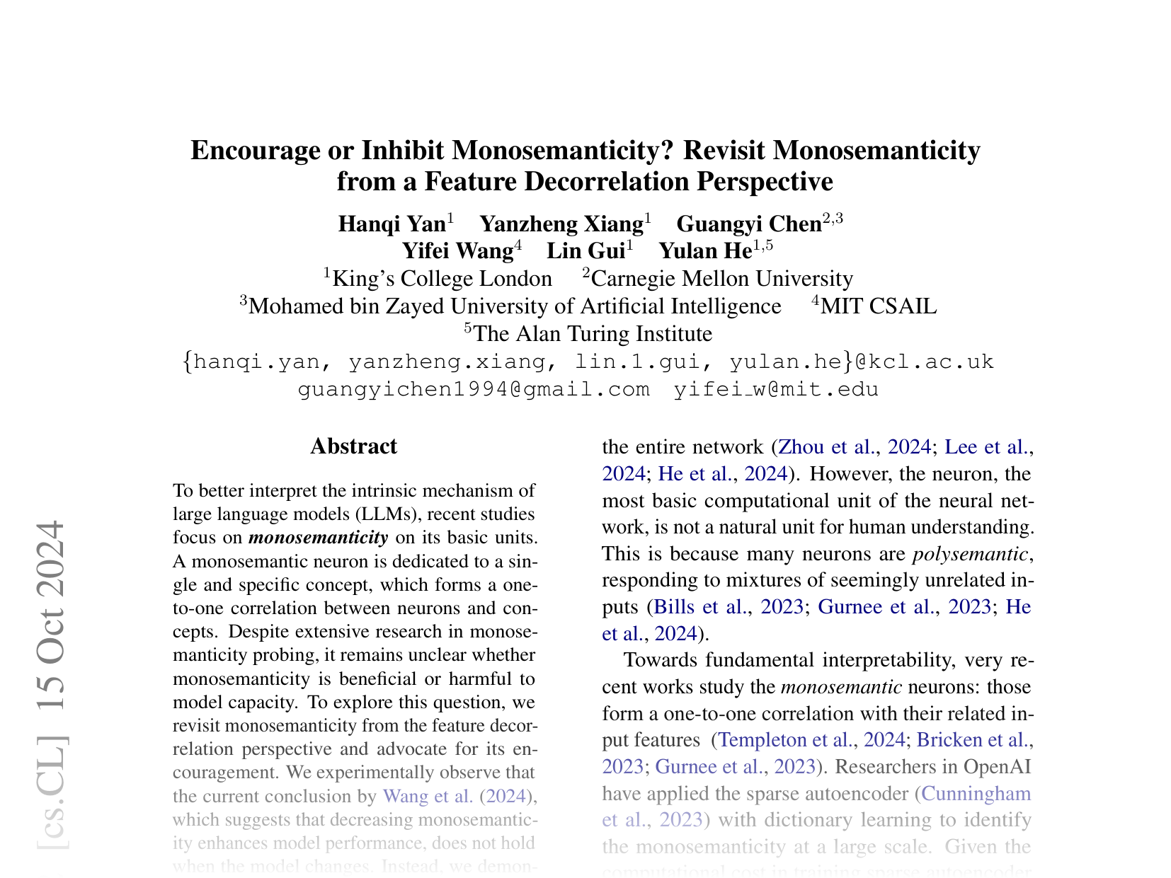 [Encourage or Inhibit Monosemanticity? Revisit Monosemanticity from a Feature Decorrelation Perspective 🔗](https://arxiv.org/abs/2406.17969)