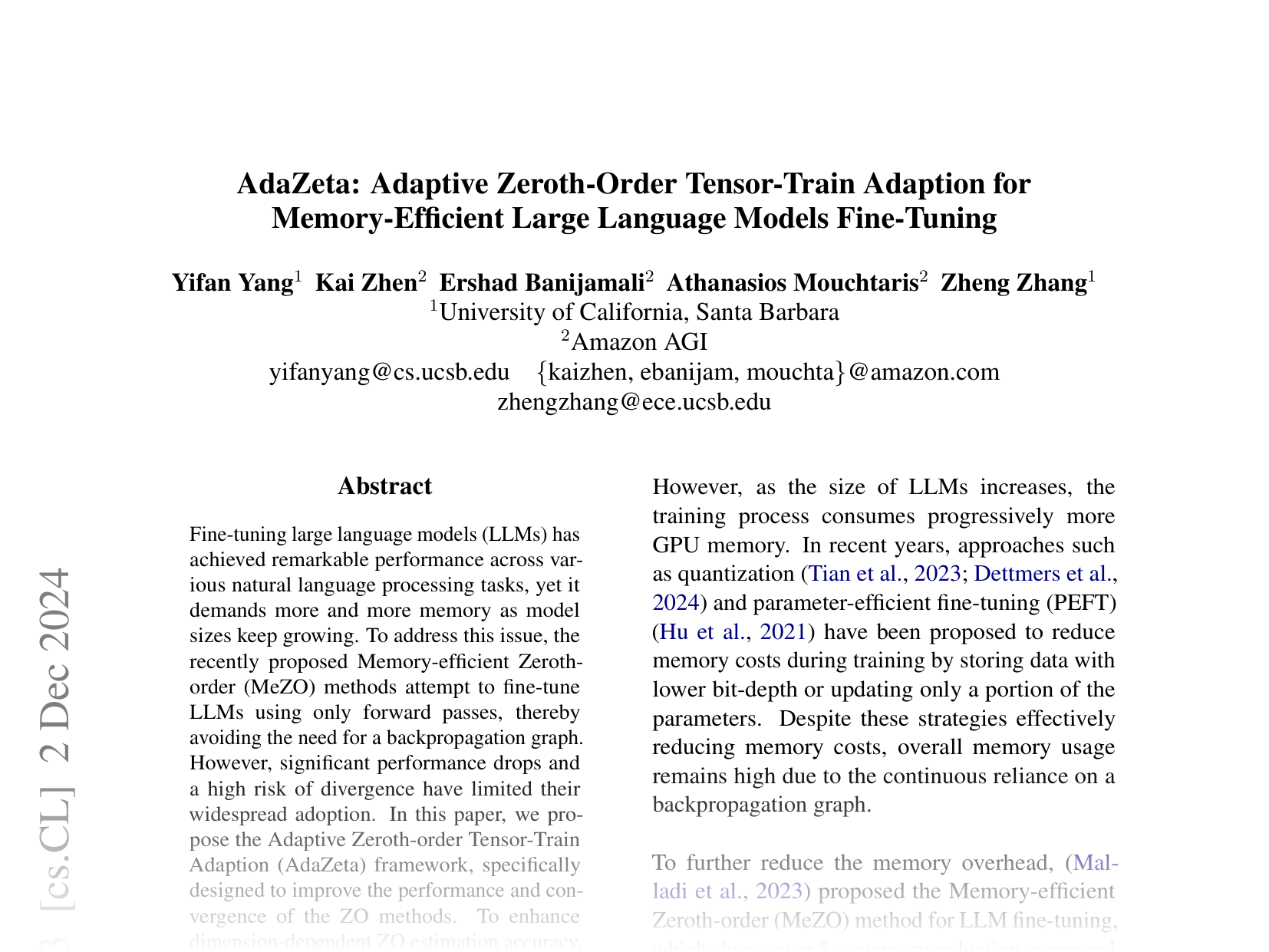 [AdaZeta: Adaptive Zeroth-Order Tensor-Train Adaptation for Memory-Efficient Large Language Models Fine-Tuning 🔗](https://arxiv.org/abs/2406.18060)