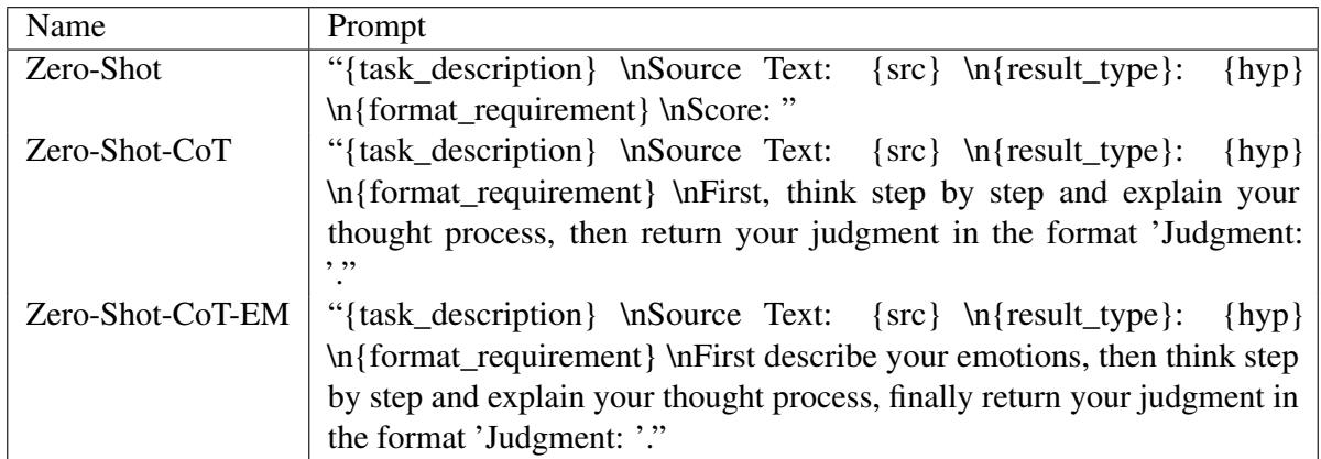 表 3: 零样本基础提示词模板